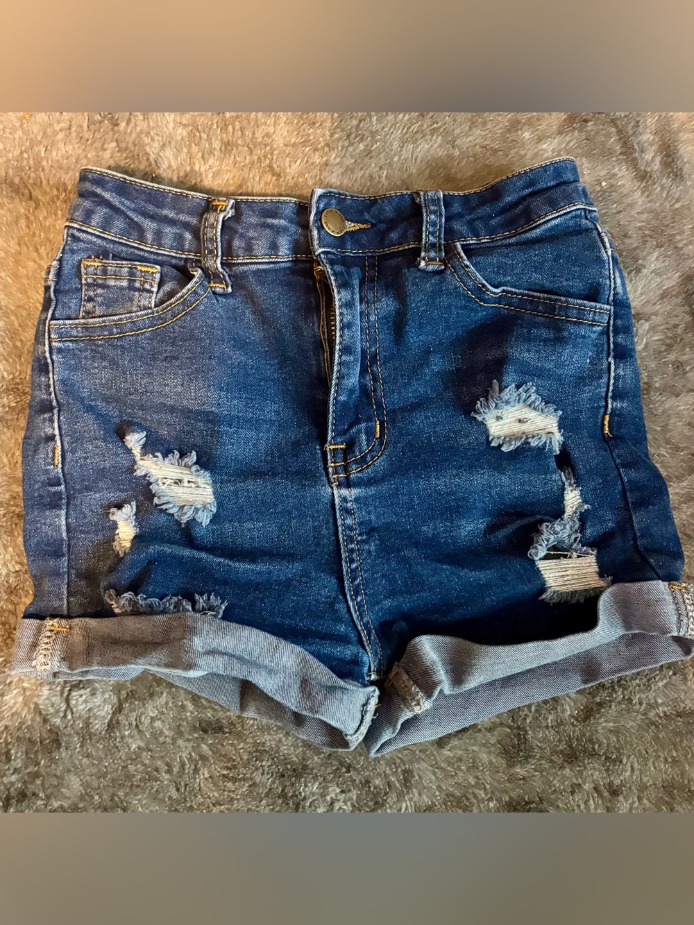 High-Waist Dark Blue Distressed Denim Shorts